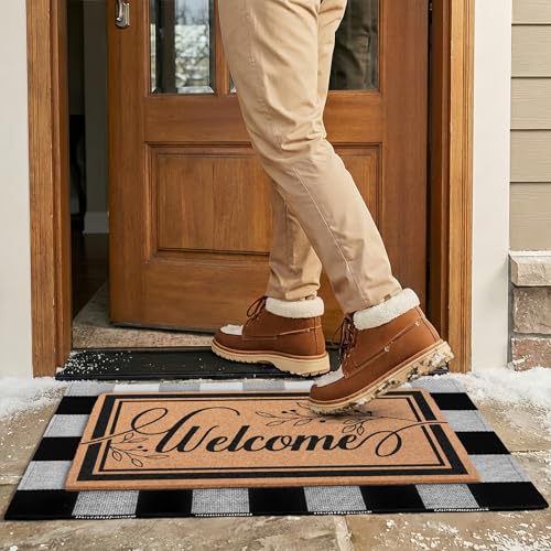 2-Piece Layered Welcome Mat Set - Coir Doormat & Buffalo Plaid Rug - color: Leaf Welcome 2