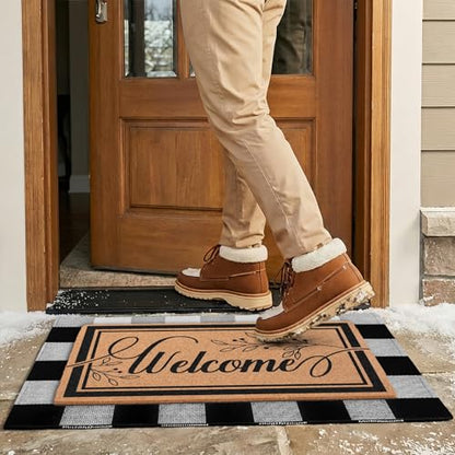 2-Piece Layered Welcome Mat Set - Coir Doormat & Buffalo Plaid Rug - color: Leaf Welcome 2