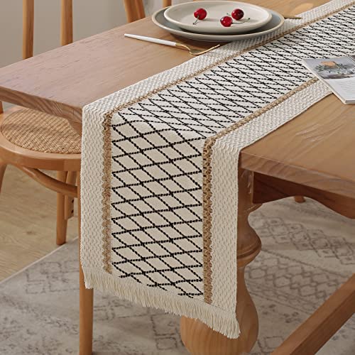 Boho Burlap Macrame Table Runner, Farmhouse Style Cotton Linen Rustic Woven Table Runner with Tassels for Dining, Wedding, Bridal Shower, Bohemian (12x72 inch, Black Grid) - color: Black Grid, size: 12x72 inch