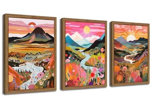 Wood Framed Boho Colorful Landscape Canvas Wall Art Set of 3 - Abstract Mountain Wall Decor Paintings, Nature Floral Poster Prints Aesthetic Home Decor for Living Room Bathroom Bedroom 12x16 inch - color: Colorful Boho, size: 12x16Inch Framed