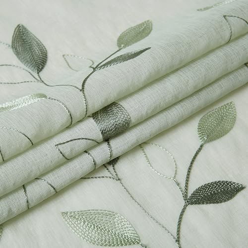 Bujasso Embroidered Leaf Sheer Curtains, Sage Green 38" Wx63 Lx2 - color: Sage Green, size: 38"W x 63"L (Pack of 2)