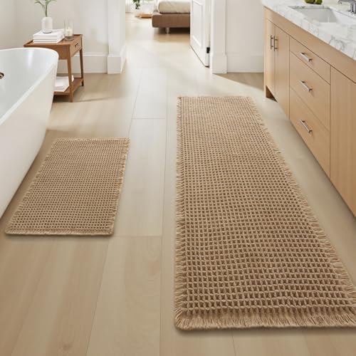 Upgraded Waffle Bath Mat Set of 2 Absorbent Bathroom Mat 17"x24" + 17"x48" - color: Black, size: 17" x 24" +17" x 48"