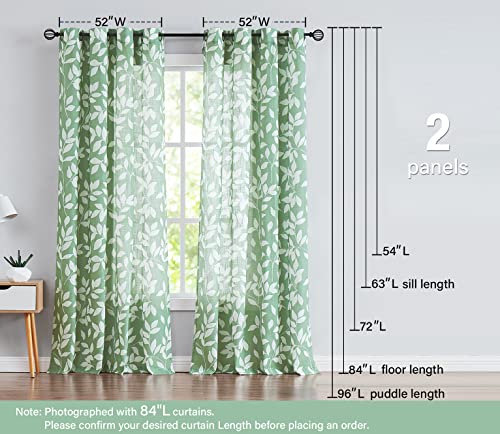 White Green Linen Curtains 63" Leaf Print Semi Sheer Panels Privacy Drapes - color: Green, size: 52"W x 63"L (Pack of 2)