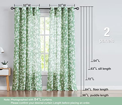 White Green Sheer Linen Curtains 84" Leaf Print Bedroom Window Drapes 2pk - color: Green, size: 52"W x 84"L (Pack of 2)