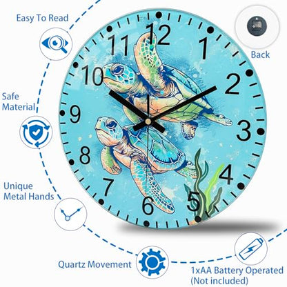 Turtle Glass Wall Clocks, 8 Inch Silent Wall Clock Non Ticking - color: Green, size: 8 Inch