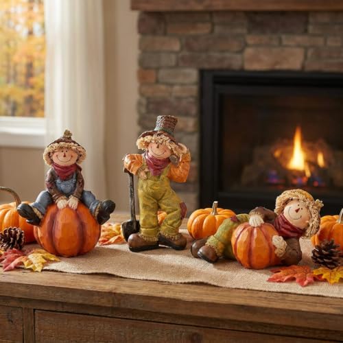 Thanksgiving Fall Scarecrows Table Decor Figurines with Pumpkins Set of 3