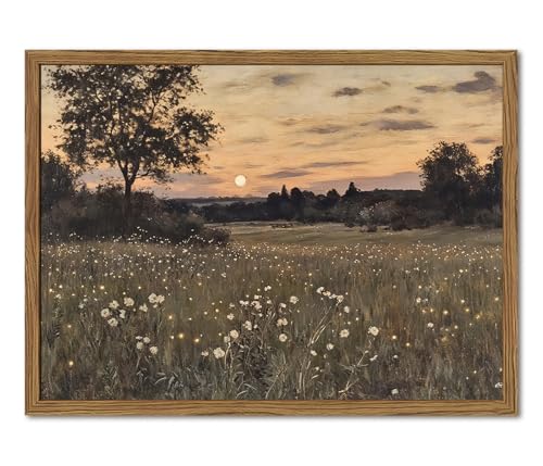 Vintage Farmhouse Wall Art, Rustic Floral Wall Decor Paintings, Twilight Firefly Artwork Painting Field Nature Landscape Canvas Prints for Bedroom Living Room 16x24 inch Wood Framed - color: Sunset, size: 24"L x 16"W