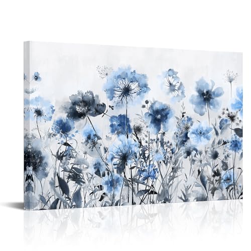 sechars Wildflowers Canvas Wall Art Abstract Flower Painting Print on Canvas Blue and Grey Living Room Bedroom Decorations (Blue) - color: Blue