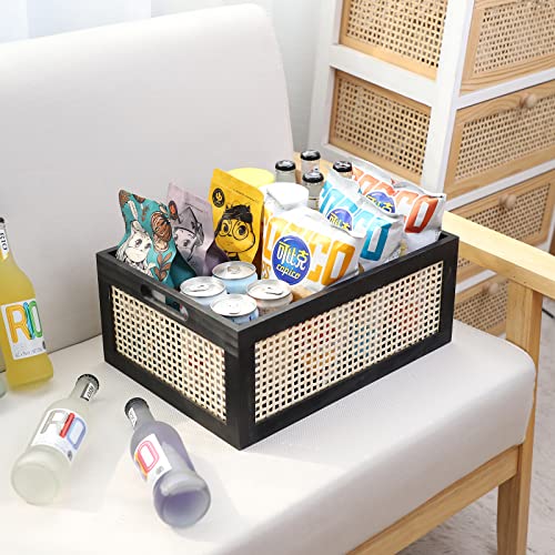Black Wooden Rattan Storage Basket with Handle,14.96"x11.02"x6.30" - color: Black, size: Large (Set of 1)