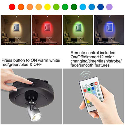 LUXSWAY Battery Operated LED Spot Lights Indoor,Wireless Accent Lights with Dimmable,12 Color Changing Puck Light with Remote,Closet Lights with Rotatable Light Head Dartboard Lighting-Black - color: Black+Silver Head-2Pack