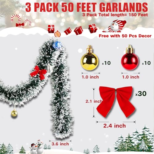 3 Pack 150Ft Greenery Garland with Snow, for DIY Christmas Tree Crafting-Green Snowy Pine Streamers for Outdoor & Indoor Christmas Decorations Artificial Twist Garland for Indoor/Outdoor - size: 150 Feet/Dark green