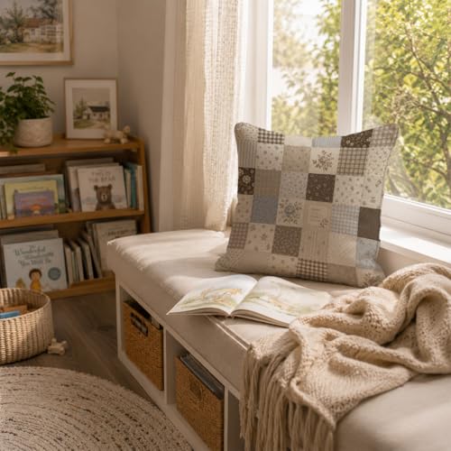 Neutral Farmhouse Floral Patchwork Throw Pillow Cover 18x18 - color: Chocolate