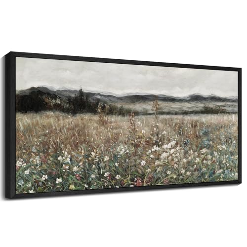 SHENIFY Vintage Landscape Framed Wall Art Meadow Flowers Farmhouse Decor Retro Classic Painting for Kitchen Bedroom Living Room Bathroom - 8x16in Black Framed - color: Meadow Flowers, size: 16"L x 8"W