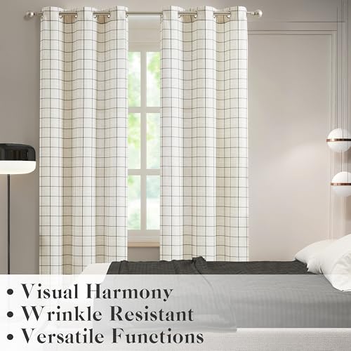 Aspen Plaid 54 Inch Natural Linen Curtains Black White Stripes - color: Plaid Beige/Black, size: 40"W x 54"L (Pack of 2)