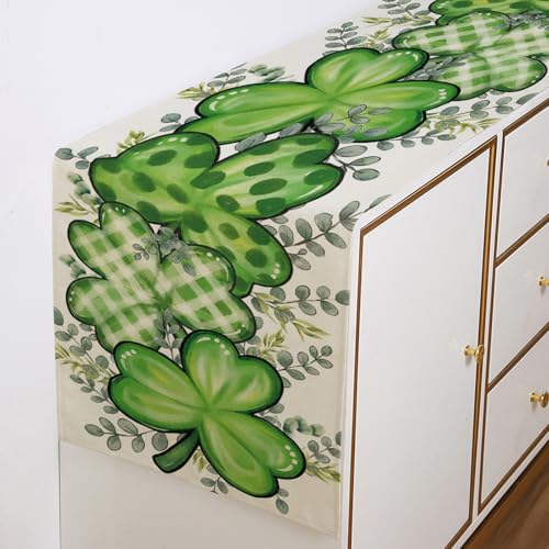 ONFAON St Patrick's Day Table Runner Decorations Shamrock Eucalyptus Heart Seasonal Spring Kitchen Dining Table Decoration for Home Party Decor 13x72 Inch - size: St Patricks 01