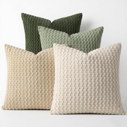 ZONYO Throw Pillow Covers 18x18 Set of 4, Soft Bubble Texture Corduroy Decorative Pillows, Fade Resistant Washable Sage Green Cushion Covers for Couch Sofa Bed, Boho Farmhouse Living Room Decor - color: Green Beige