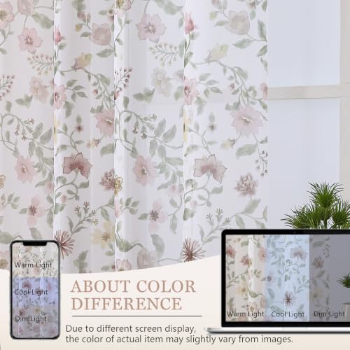 OWENIE Dusty Pink Watercolor Floral Printed Sheer Curtains 84 Inches Long - size: 40"W x 84"L (Pack of 2)