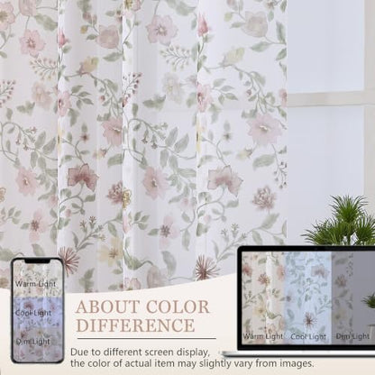 OWENIE Dusty Pink Watercolor Floral Printed Sheer Curtains 84 Inches Long - size: 40"W x 84"L (Pack of 2)