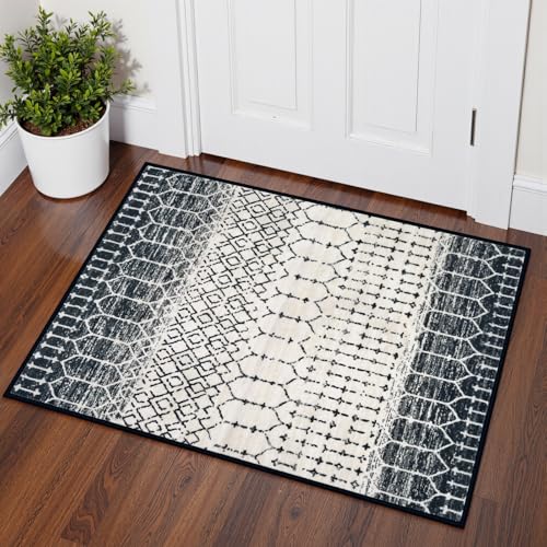 Lahome Moroccan Door Rugs for Entryway Indoor 2x3 Non-Slip Washable Front Door Mat Stain Resistant Untra-Thin Black Small Kitchen Rug, Geometric Print Inside Door Mats for Entrance Bathroom Sink Hana - color: Black/Cream, size: 2' x 3' (Rectangular)