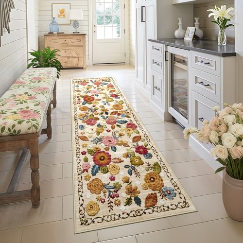 Washable 2x6 Runner Rug, Beige Boho Floral Non-Slip for Hallway, Kitchen - color: Beige, Cream, Mustard, Brick Red and Blue, size: 2' x 6' (Rectangular)
