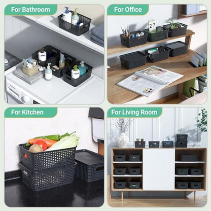 Ohmlove 8 Pack Plastic Storage Baskets with Lids for Organization - color: Black