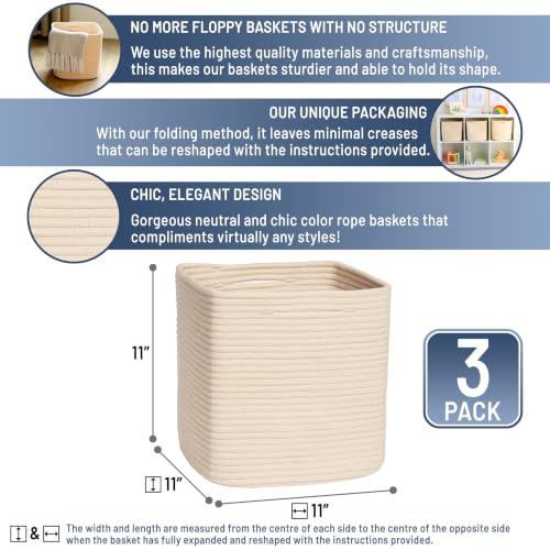 NaturalCozy Storage Cubes 11 Inch Cotton Rope Woven Baskets for Organizing, 3-Pack | Cube Storage Bin | Square Storage Baskets for Shelves Organizer, Classroom, Kids Toy Bins, Closet, Baby Nursery - color: Beige