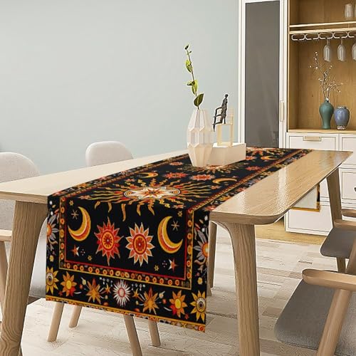 Sun Moon Table Runner,Bohemian Indian Orange Hippie Mystery Celestial Starry Night Mandala Moon Phase Tabletop Restaurant Dining Kitchen Wedding Party 13x36 Inch - color: Moon Style-25, size: W13X L36