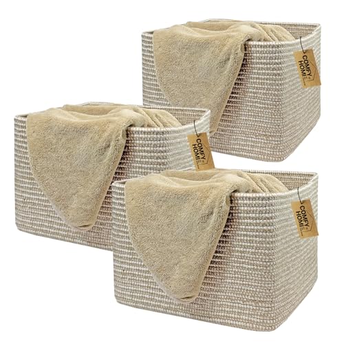 COMFY-HOMI 3PACK Cotton Rope Square Basket with Handles for Shelves| Storage|Baby Basket for GIF|Shoe Basket for Organizing|New13.5" x 11" x 9.5" for Living Room - color: Camel/White, size: 3-13.5"X11"X9.5"
