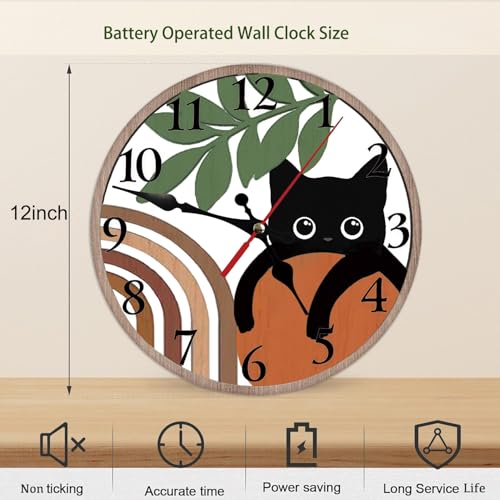 Cute Black Cat Boho Art Silent Non Ticking Wall Clock 12 Inch, Battery Operated, Round Wood Wall Clocks, Decorative for Living Room, Kitchen, Bedroom, Bathroom, Dining Room Office or Gifts - color: Cute Black Cat Boho Art
