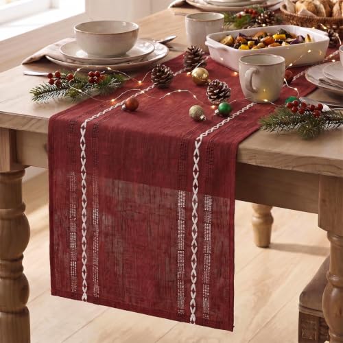 Artoid Mode Red Embroidered Blend Farmhouse Hollow Table Runner, Seasonal Christmas Rustic Kitchen Dining Table Decoration for Home Party Decor 13x48 Inch - color: Red, size: 13" x 48", Table Runner