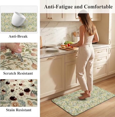 Kitchen Floor Mat 36x20in Waterproof Anti-Fatigue Kitchen Mats - color: Green Flower Clusters