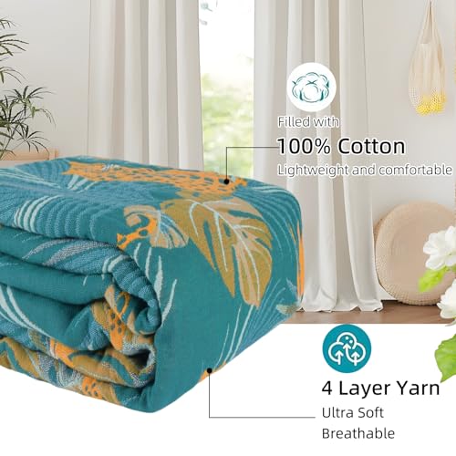 Boho Throw Blanket for Couch Bed, 100% Cotton Soft Rustic Quilt with Tassel 80''x 90'', Super Soft Bohemian Decor Reversible Sofa Bed Chair Blanket Cover for All Seasons(Floral Leopard)