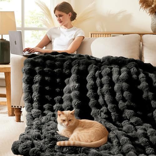 L'AGRATY Faux Rabbit Fur Throw Blanket for Couch, 60'' x 80'', Black - color: Pure Black, size: 60" x 80"