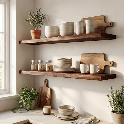 48inch Live Edge Floating Shelf, Solid Elm Wood Wall Shelf - color: Vintage Weathered, size: 48 Inch | 1 Pack