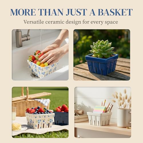 BIEN BEAU Ceramic Berry Baskets Set of 4, Blueberry Colander Fruit Bowls - color: Blue