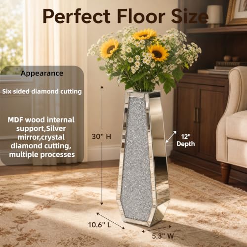 30" Large Double Sided Crushed Diamond Vases,Six Sided Diamond Shape Vase,Tall Silver Mirrored Vase for Floor, Crystal Decorative Vase for Home,Office,Hotel (Silver,10.6" Lx5.3 W x30 H)