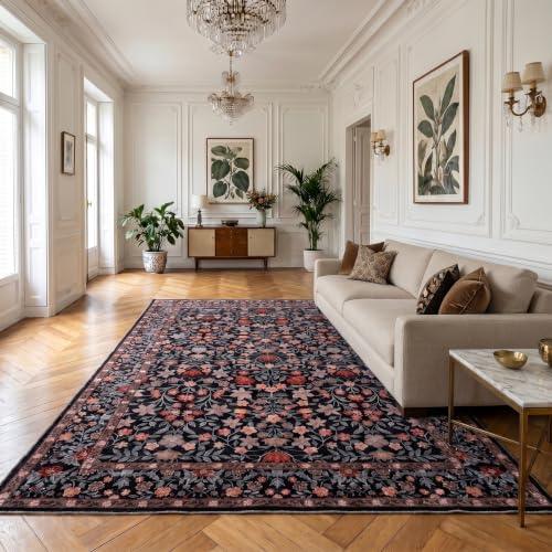 ThreadGlobe Patterned Washable 6x9 Area Rugs for Living Room, Black Brown - color: Black Brown Flower, size: 6' x 9'