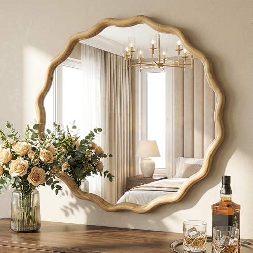 Round Wavy Wood Bathroom Vanity Mirror, 28" Boho Decorative Wall Mirror - color: Natural B, size: 28"L x 28"W