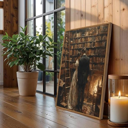 Moody Library Couple Framed Canvas Wall Art 12x16 inch - color: Couple, size: 12"x16" Natural