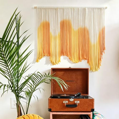 IOWER Macrame Wall Hanging Yellow Dip Dye Boho Fiber Wall Decor 27" x 26.8" - color: yellow