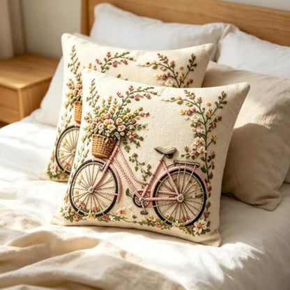 2D Flat Pink Bicycle Flower Basket Linen Throw Pillow Covers 18x18 Set of 2 - color: A20024, size: 18" x 18" (Pack of 2)