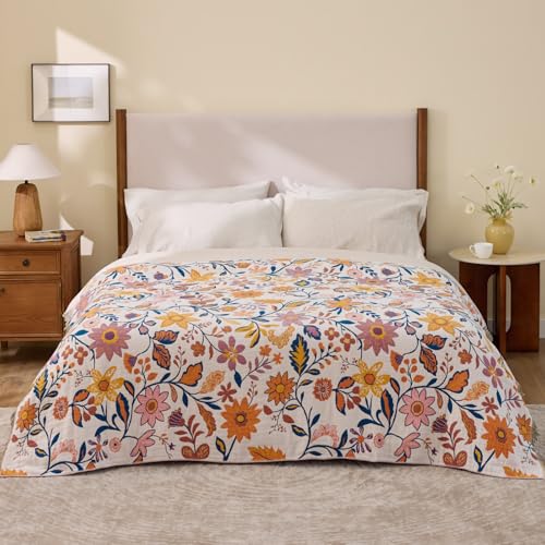 100% Cotton Boho Throw Blanket for Home Decor – Classic Farmhouse Quilt Bedding, Muslin Blankets for Adults, Vintage Woven Decorative Blanket for Couch, Bed Layering Use, Botanic Floral, 90"x90" - color: 1 - Botanic Floral, size: Queen(90 x 90 Inch)