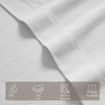 Threadmill Luxury 100% Cotton Queen Herringbone Blanket, Bright White - color: Bright White, size: Queen (90" x 92")