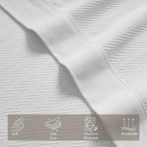 Threadmill Luxury 100% Cotton Twin Herringbone Blanket, Bright White - color: Bright White, size: Twin (68" x 92")