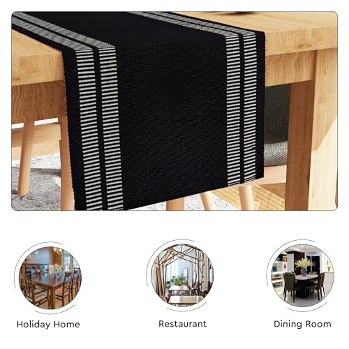 Encasa XO Table Runner, Yarn Dyed Ribbed Cotton 13"x120" - color: Ladder Black, size: 13x120 in