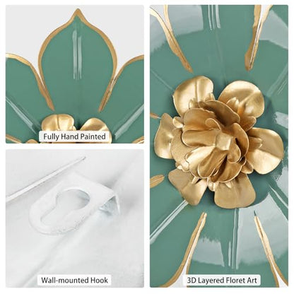 Villa Como Set of 3 Green and Gold Metal Flowers Wall Art Decor 10" - color: # 3 Green