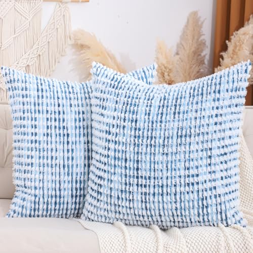 LUOYEHK Boho Throw Pillow Covers 26x26 Inch Set of 2 Chenille Tufted Pillowcase Farmhouse Neutral Cushion Covers for Couch Sofa Bed Living Room, Blue White - color: Blue White, size: 26" x 26" (Pack of 2)