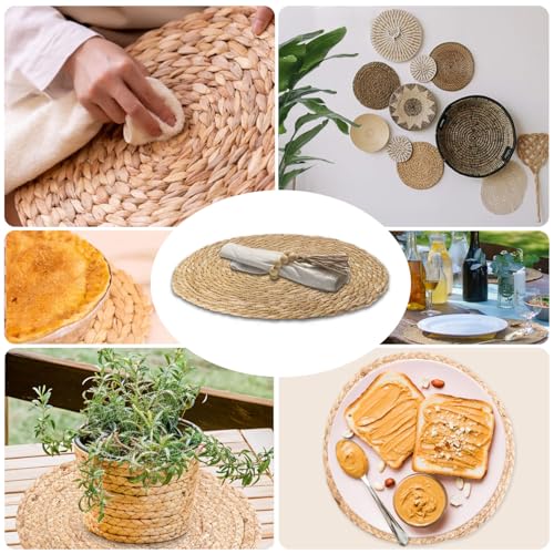Woven Placemats Set of 6, 13.8 Inch Round Natural Water Hyacinth Rattan Placemats with Wooden Beads Napkin Rings for Farmhouse Dining Table Decor, Thanksgiving Halloween Christmas