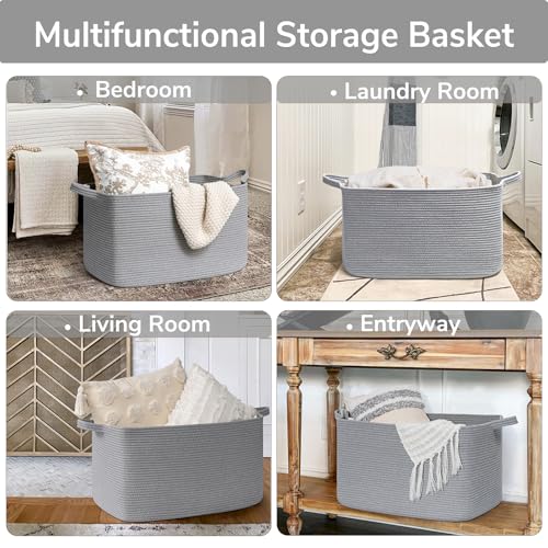 Goodpick Large Woven Rope Blanket Basket, Rectangle, Gray, 75L - color: Grey, size: Large(21.6"L x 14.9"W x 11.8"H)