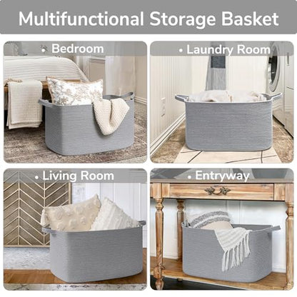 Goodpick Large Woven Rope Blanket Basket, Rectangle, Gray, 75L - color: Grey, size: Large(21.6"L x 14.9"W x 11.8"H)